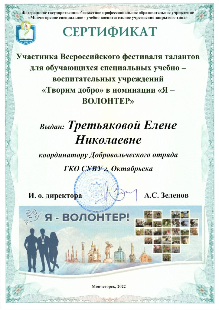Сертификат Третьяковой Е.Н. "Творим добро"