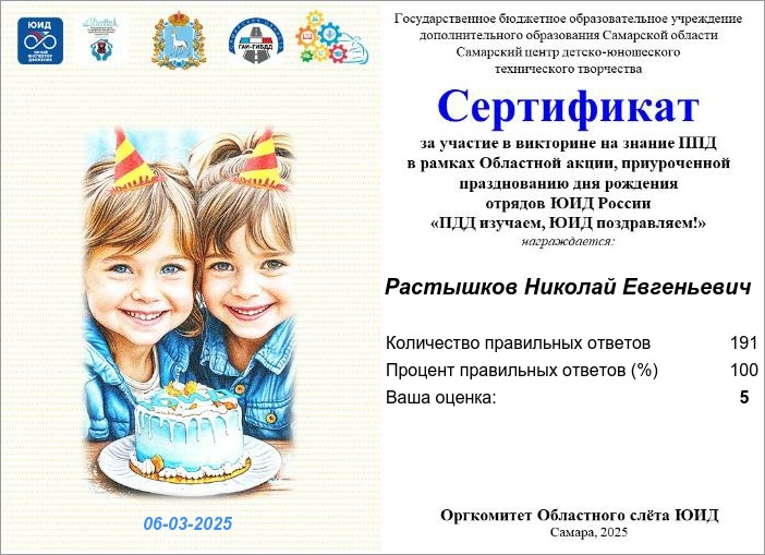 Сертификат Растышков Николай